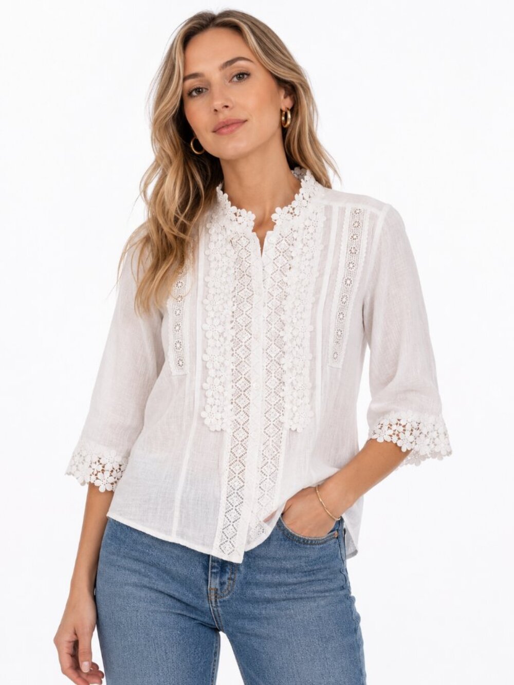 Favlux Cotton Gauze Floral Lace Crochet Pintuck Blouse Cottagecore Top